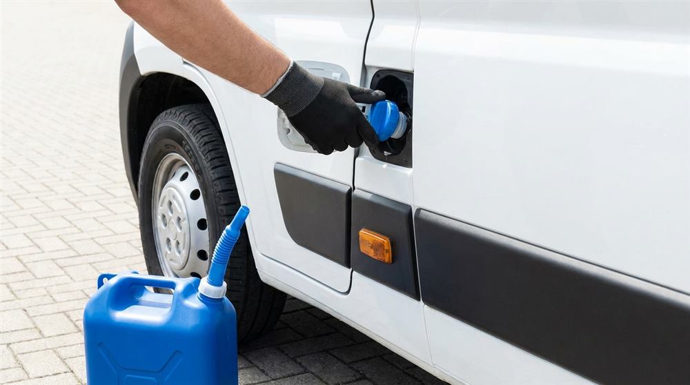 Hand vult de AdBlue-tank van een huurbus bij