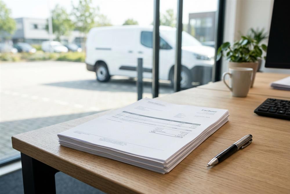 Nette stapel facturen op een bureau, bestelbus wazig zichtbaar op de achtergrond