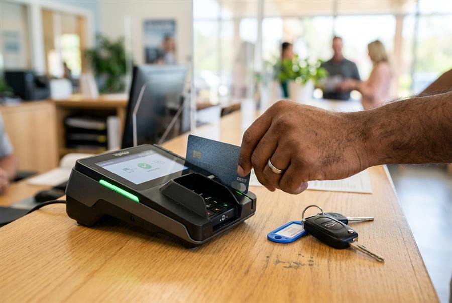 Betaalpas bij de pinautomaat op de balie, met de sleutels van de bus ernaast