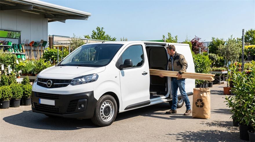 Compacte bestelbus wordt bij de bouwmarkt ingeladen met houten planken