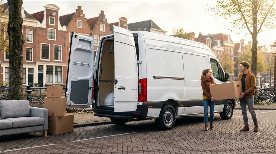 Verhuisbus met geopende deuren wordt ingeladen met verhuisdozen en een bank