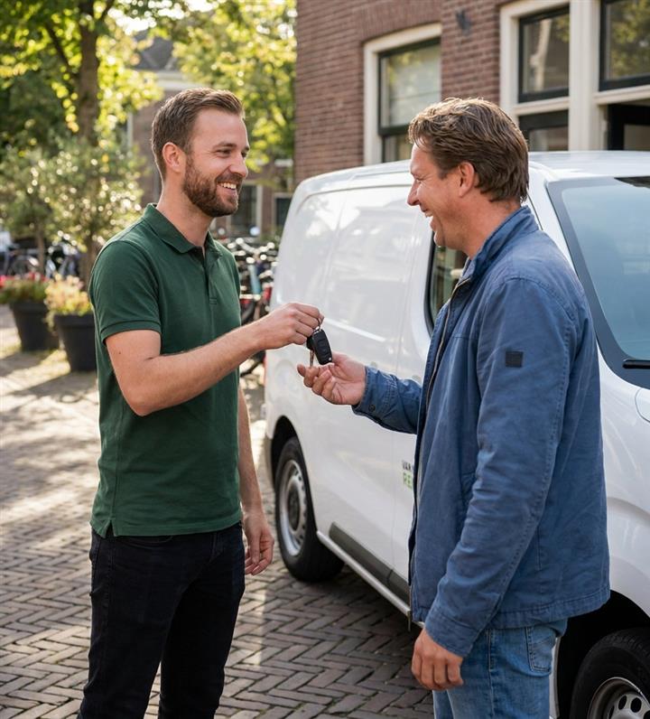 Kela-medewerker geeft de sleutel van een bestelbus aan een klant