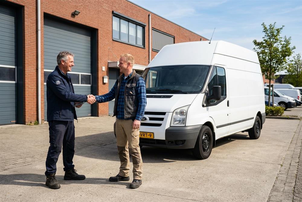 Twee zakelijke partners geven elkaar een hand voor een bestelbus