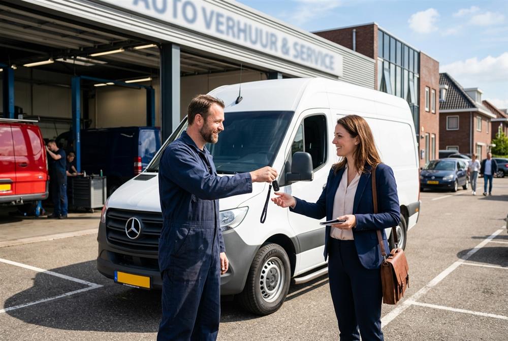 Monteur overhandigt de sleutel van een vervangende bus aan een zakelijke klant