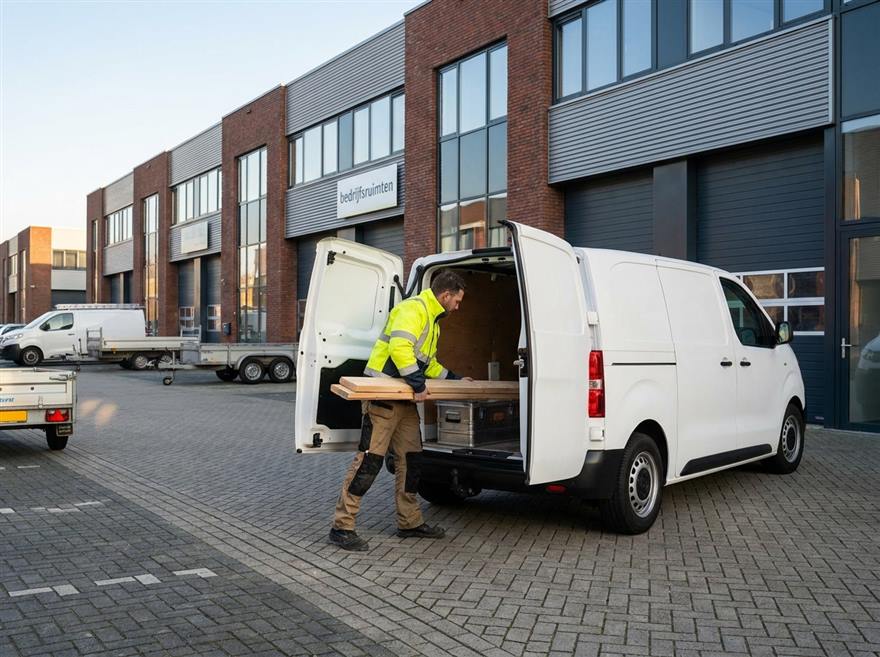 Zzp-er laadt materiaal in een witte bestelbus bij een bedrijfspand