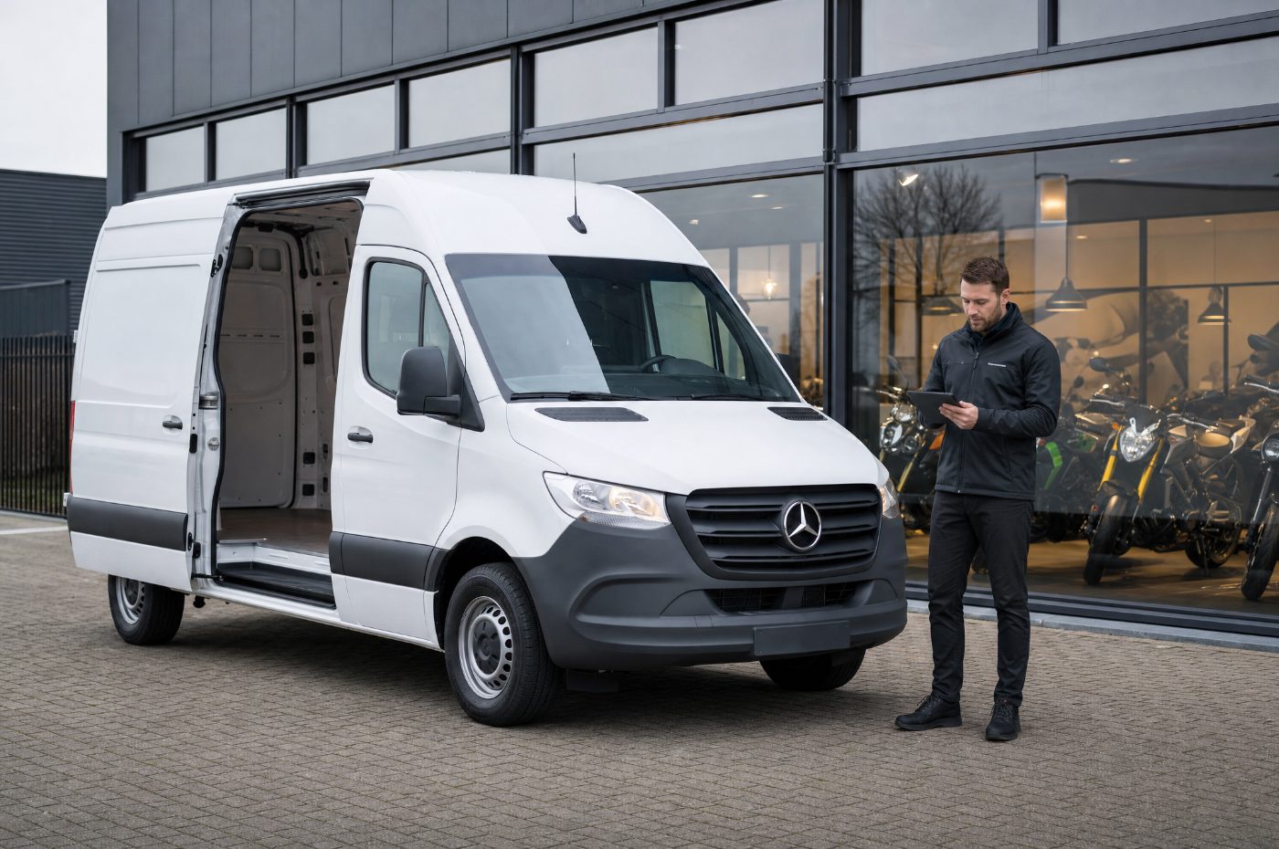 Motorhandelaar naast een witte Sprinter voor een motorshowroom